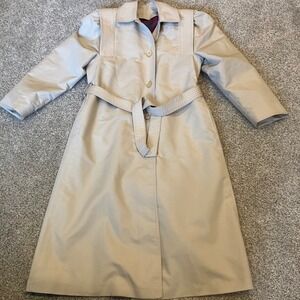 Vintage Womens Trench Coat Tan Belted Plaid Zip Out Liner USA Beige Petite Small
